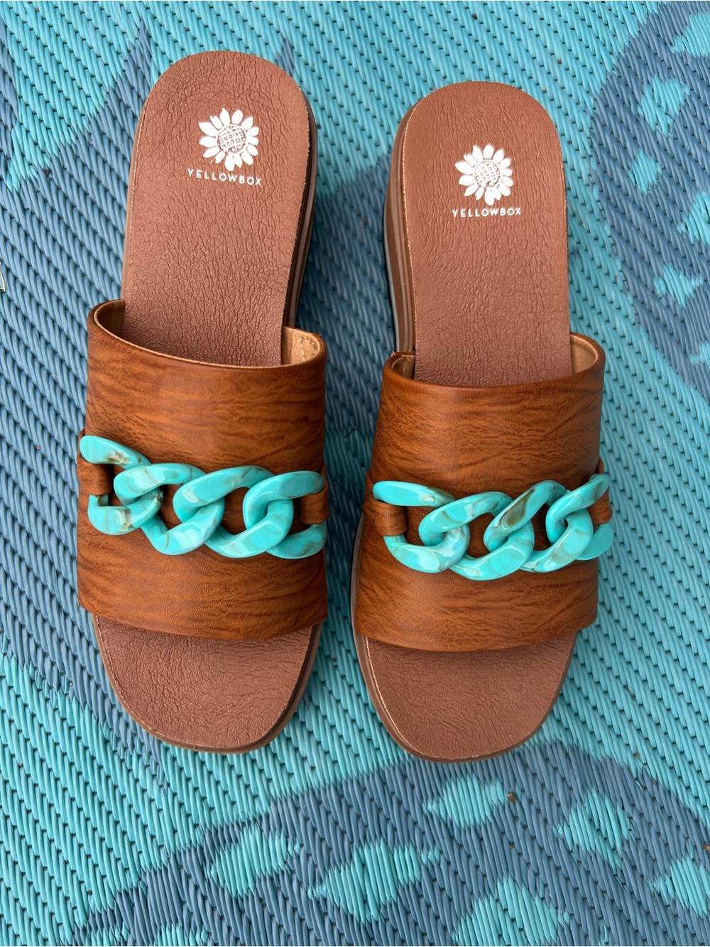 Yellow Box Brown Slide Sandals with Turquoise Chain